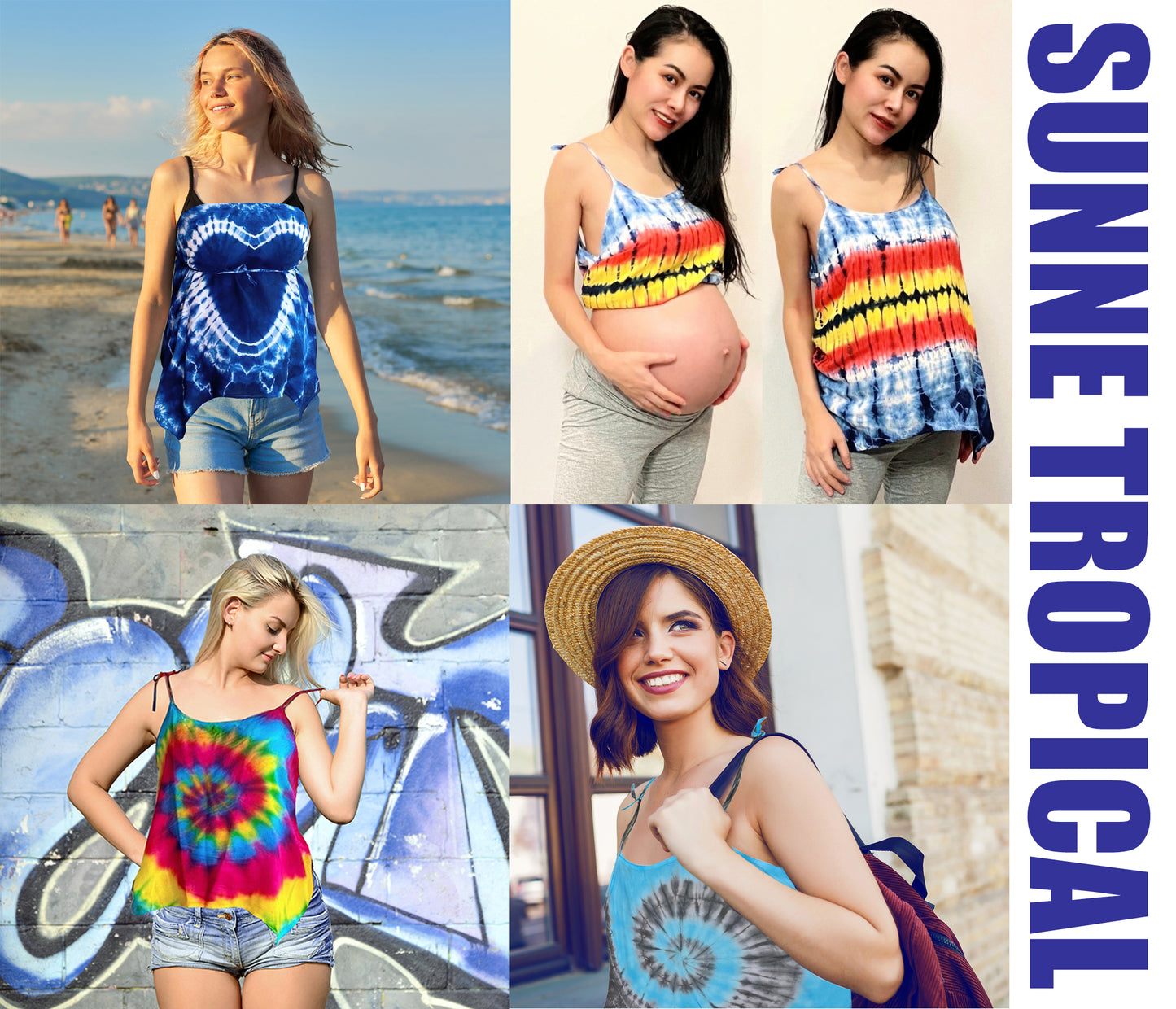 Cami Camisole Teen & Women, One Size Free Size Fit 0 to 8, Handmade Tie Dyed - Pink Blue Marble