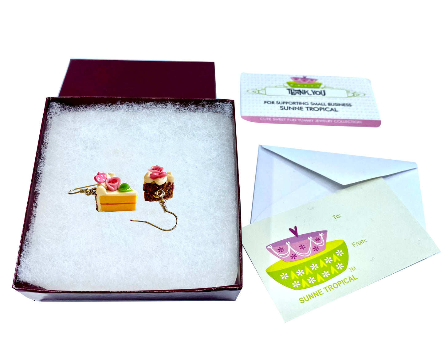 Handmade miniature food model earrings for Girls Teen - Slice Cake Heart 2 Roses