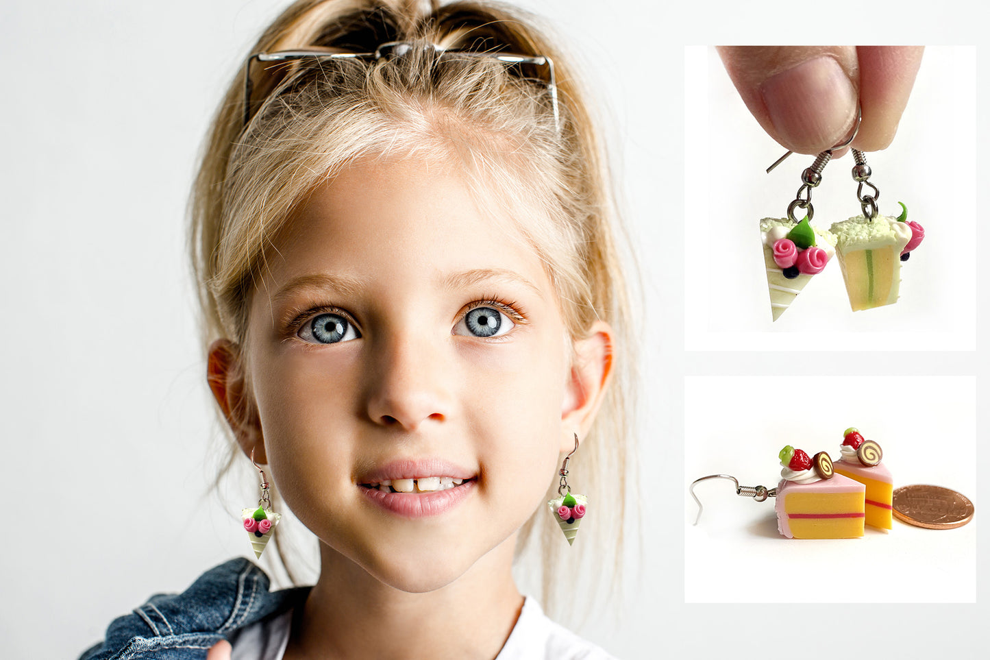 Handmade miniature food model earrings for Girls Teen - Slice Cake Strawberry Cookies