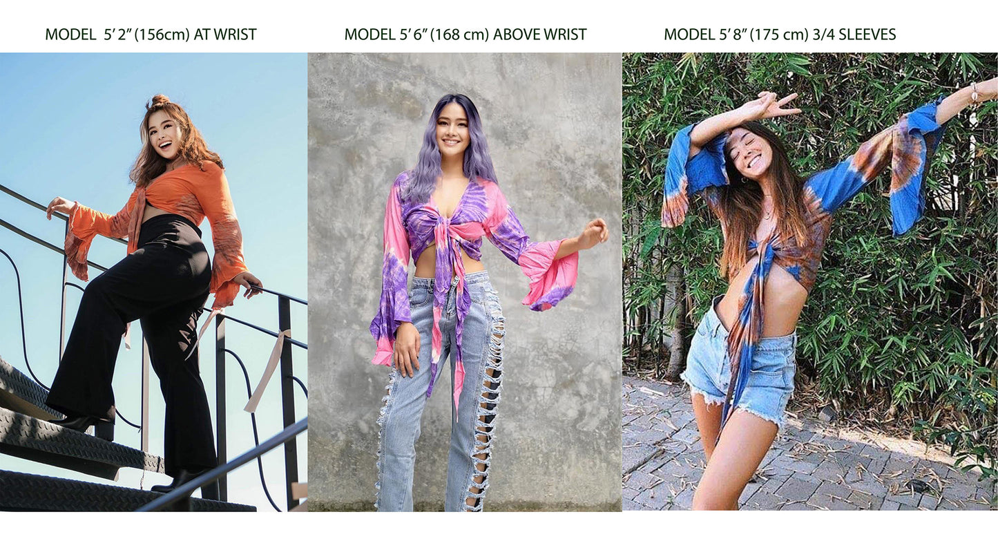 Women Petite & Teen CROP TOP Tie Front or Back Ruffle Bell Sleeve Free Size Handmade Tie Dye (27 Red Navajo)