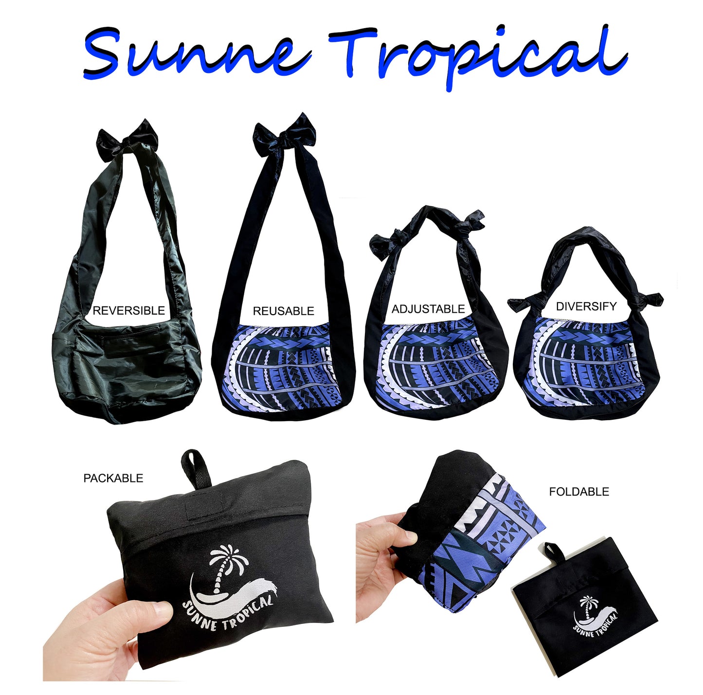 Sunne Tropical Polynesia Hawaiian Tribal Tattoo Adjustable Reversible Packable Tote Bag BLUE